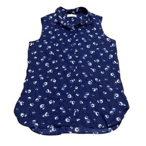 Uniqlo 100% Linen Shirt Top Floral Blue Button Up Sleeveless Size M